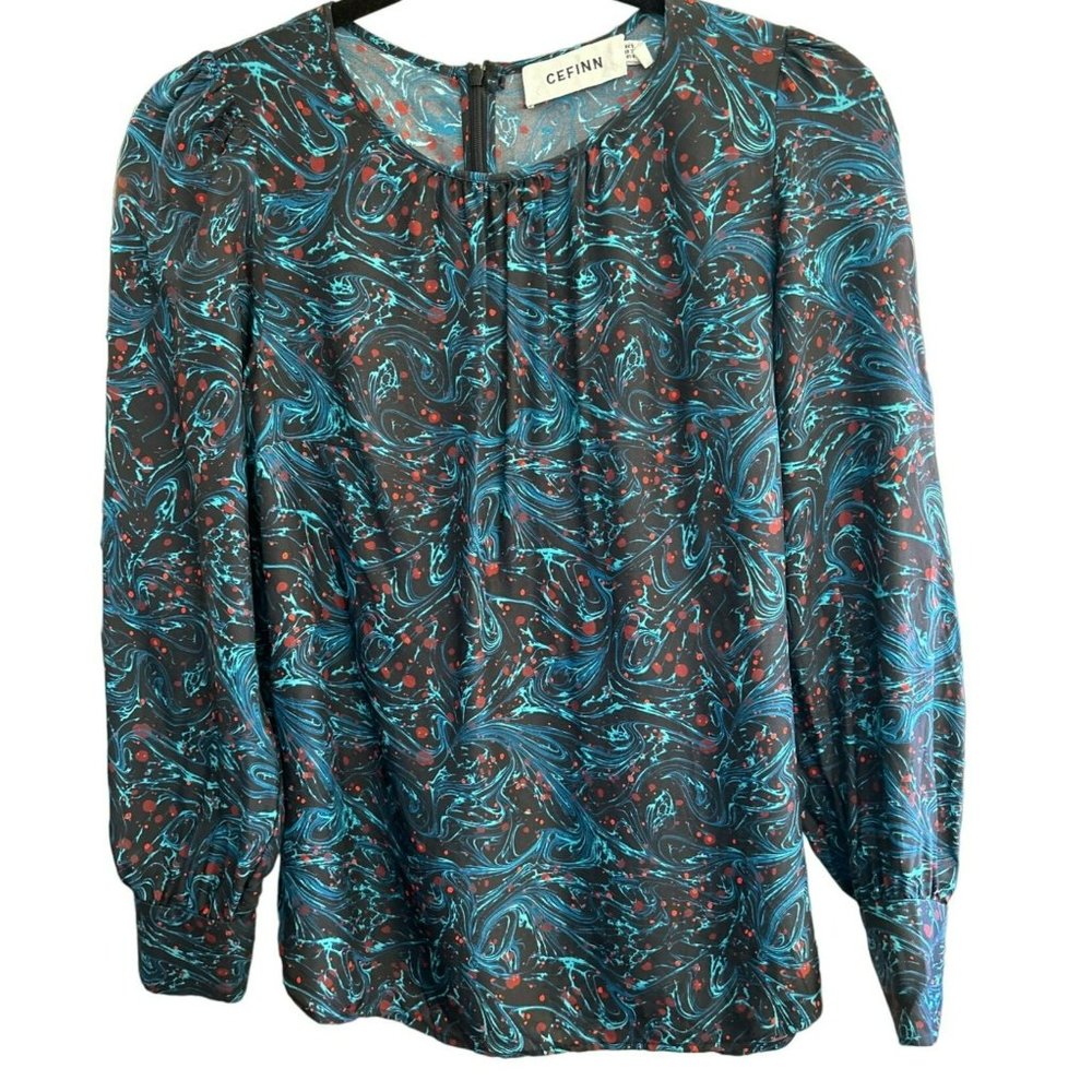 Cefinn Women's Olivia Gathered Printed Twill Blouse US Size 4 Silk Blend Swirl